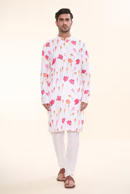 Divastri Men Floral Print Straight Kurta(White)