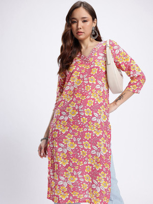 Anouk Rustic Women Printed Straight Kurta(Pink)