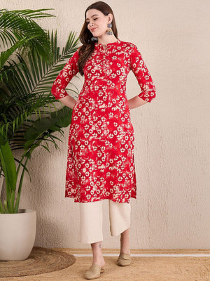 ANOUK Women Floral Print Straight Kurta(Red)
