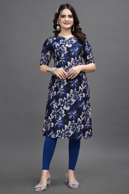 KASASKA Women Printed Straight Kurta(Blue, White)