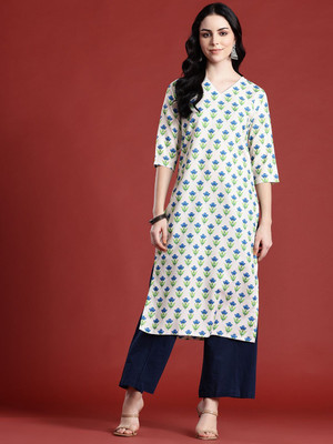 ANOUK Women Printed Straight Kurta(White)