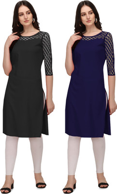 Maheshvi Women Solid Straight Kurta(Black, Dark Blue)