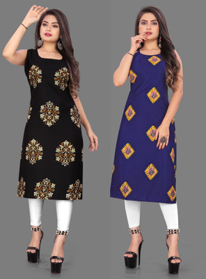 maruti fab Women Printed Straight Kurta(Black, Blue)