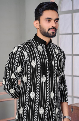Lazzly Men Chikan Embroidery, Printed A-line Kurta(Black)