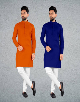 DHASU TRENDZ Men Solid Straight Kurta(Orange, Blue)