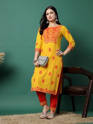 Sangria Women Embroidered Straight Kurta(Yellow)