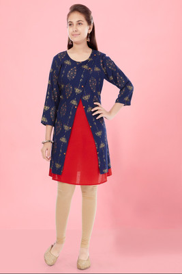 HERE&NOW Girls Printed A-line Kurta(Dark Blue)