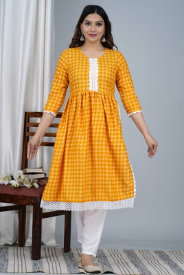 Lihimsu Women Geometric Print A-line Kurta(Yellow)