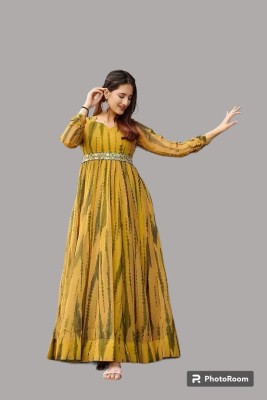 Dhandhvi textile Women Striped Gown Kurta(Yellow)