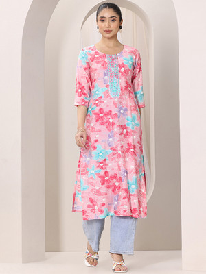 LIBAS Women Printed Straight Kurta(Pink)