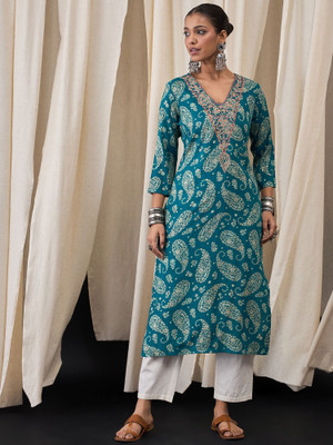 ANOUK Women Embroidered Straight Kurta(Blue)
