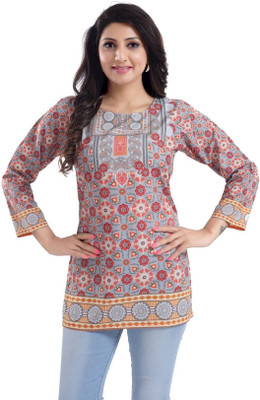 Anmi Faux Crepe Short Kurti Tunic Top (Ash Grey) Printed Women Straight Kurta(Grey)