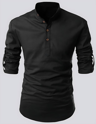 PoshSide Men Solid Flared Kurta(Black)