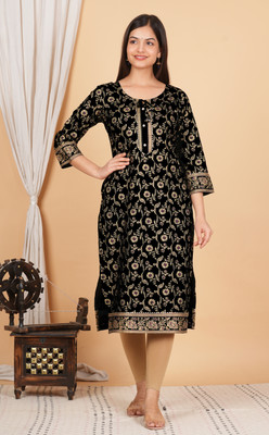 Avnigarments Women Floral Print, Printed Straight Kurta(Black)