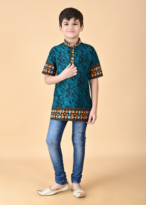 NFC CREATION Boys Printed Straight Kurta(Blue)