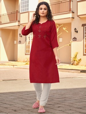 RR SA KURTIS Women Embroidered Straight Kurta(Maroon)