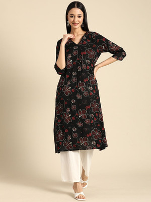 ANOUK Women Floral Print A-line Kurta(Black)