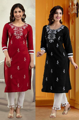vikshi Women Chikan Embroidery Straight Kurta(Multicolor)