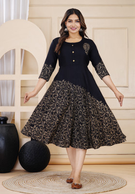 MORAA Women Printed Flared Kurta(Black)