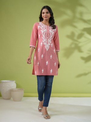 Janasya Women Embroidered Straight Kurta(Pink)