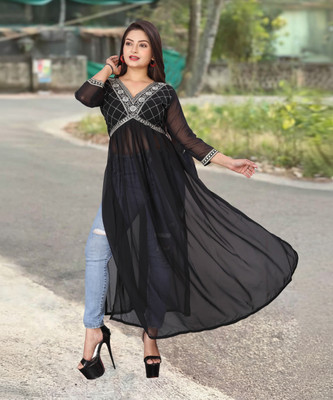 KRULRIN Women Printed A-line Kurta(Black)