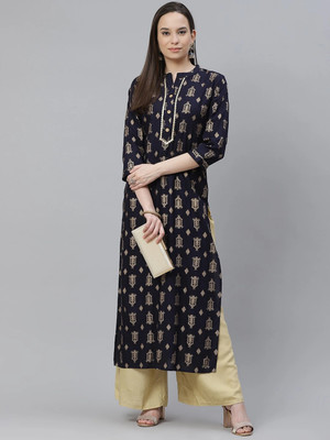 mokshi Women Printed A-line Kurta(Blue)