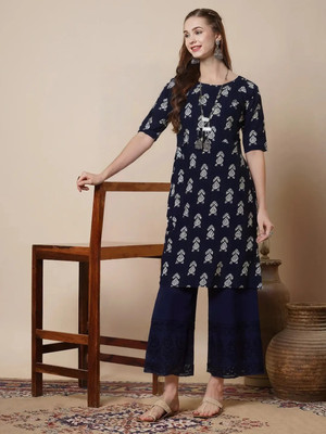 EthnicBasket Women Printed A-line Kurta(Blue)