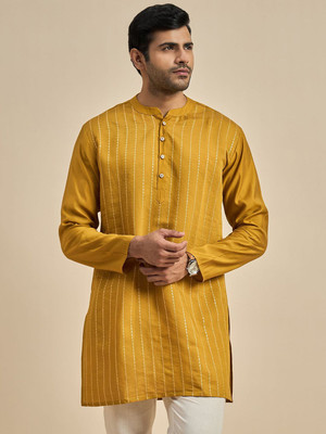ANOUK Men Striped Straight Kurta(Yellow)