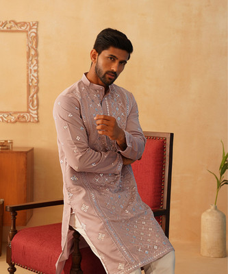 Jompers Men Embroidered Straight Kurta(Beige)