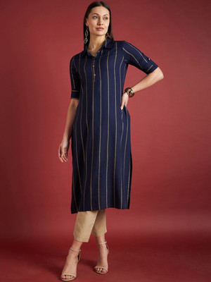all about you Women Striped Straight Kurta(Blue)