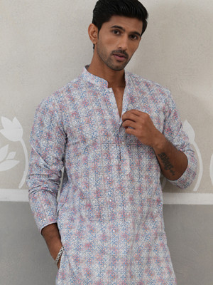 Jompers Men Embroidered Straight Kurta(Blue)