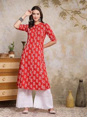 Stylum Women Floral Print, Embellished A-line Kurta(Red)