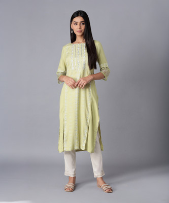 W Women Embellished Straight Kurta(Green)