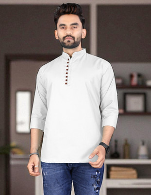 click n buy Men Solid Trail Cut Kurta(White)
