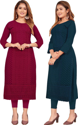 KAYRAAH Women Chikan Embroidery Straight Kurta(Blue, Maroon)