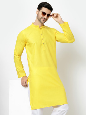 Tsarina Men Solid Straight Kurta(Yellow)