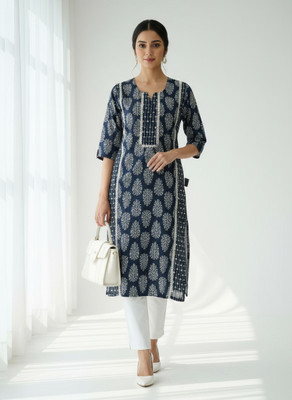AAKARSHAN SAREES Women Printed, Block Print Straight Kurta(Dark Blue)