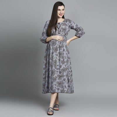 Dummy Shape Women Printed Flared Kurta(Grey)