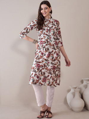 ANOUK Women Floral Print Straight Kurta(White)
