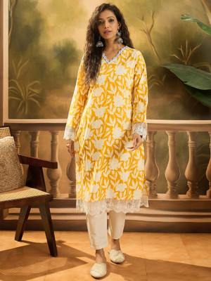 Sangria Women Printed Straight Kurta(Yellow)