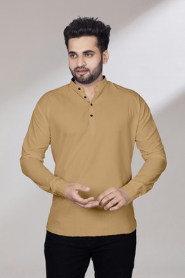 hfm Men Solid Straight Kurta(Gold)