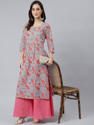 Janasya Women Printed Straight Kurta(Blue, Pink)