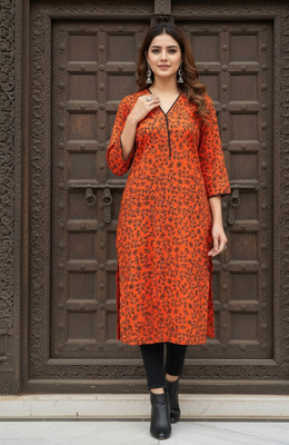 AEESHA COLLECTION Women Floral Print, Printed Straight Kurta(Orange)