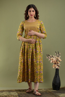 ADRTA Women Floral Print Anarkali Kurta(Yellow)