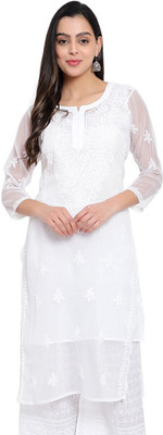 Mrs Right Women Chikan Embroidery A-line Kurta(White)