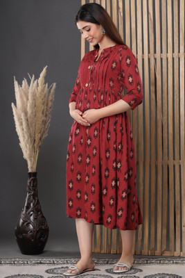 NAAYAAB FASHION Women Printed Flared Kurta(Maroon)