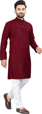 Shree Dutt Creation Men Chikan Embroidery Straight Kurta(Maroon)