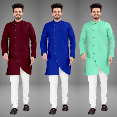 DIAMOND CLUSTER Men Solid Trail Cut Kurta(Multicolor)