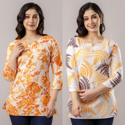 Tibra Attire Women Printed Straight Kurta(Orange, Yellow)