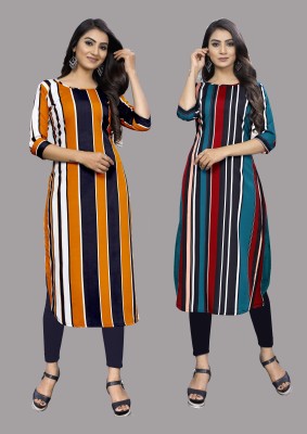 Hiral Creation Women Striped Straight Kurta(Green, Yellow)